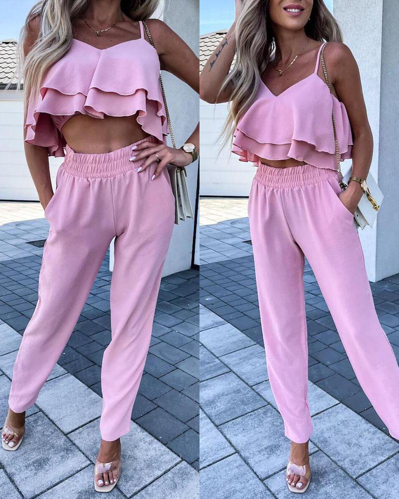 

Ruffle Hem Crop Cami Top & Pants Set, Pink