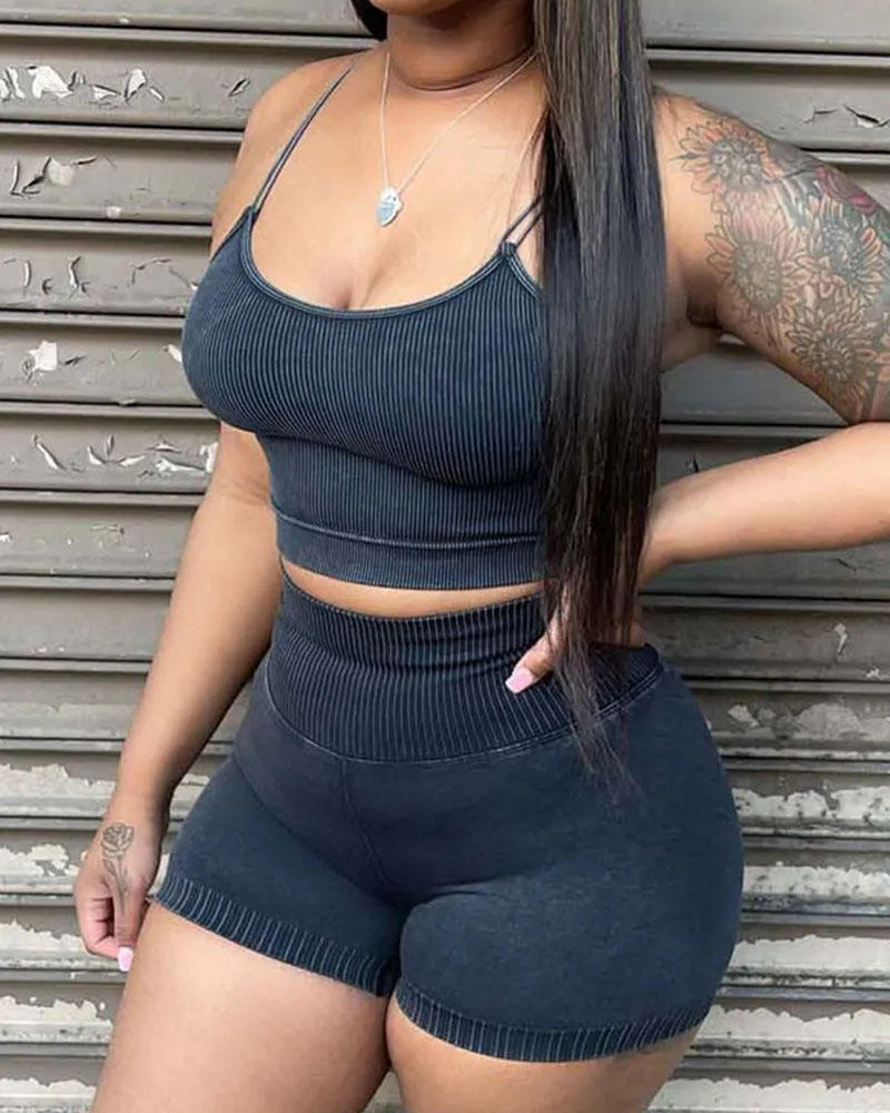 

Crop Cami Top & High Waist Shorts Set, Black