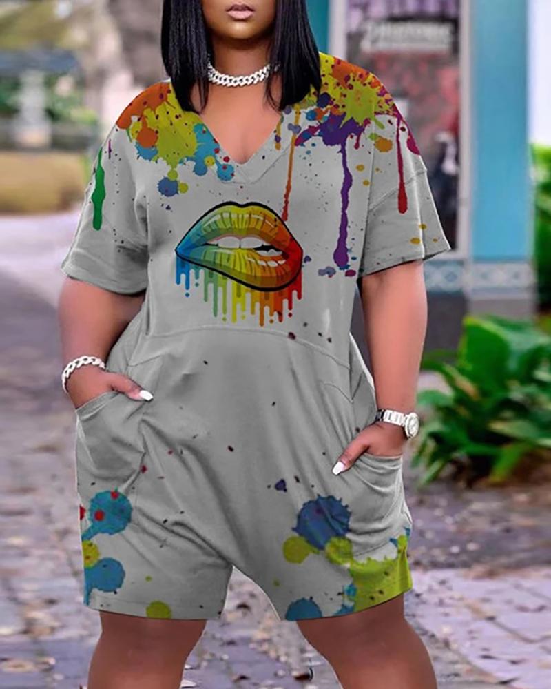 

Graffiti & Lip Print Short Sleeve V-Neck Romper, Gray