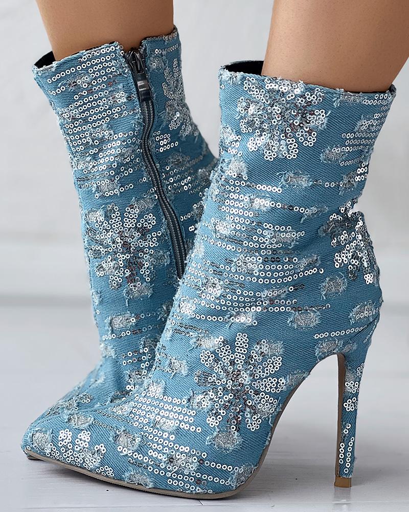 Sequin Floral Pattern Stiletto Heel Ankle Boots