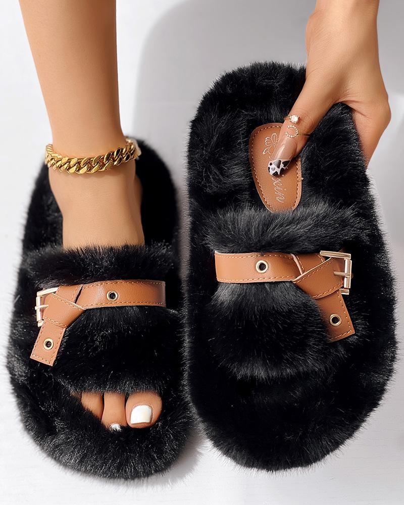 Eyelet Buckled Fluffy Winter Slippers