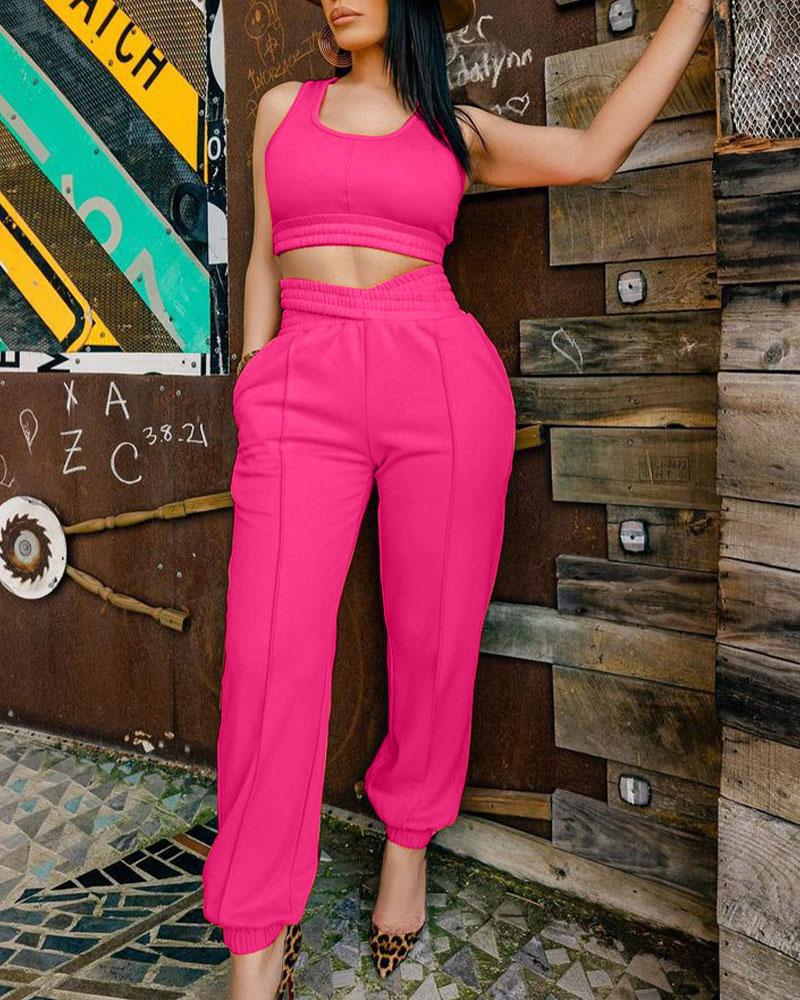 

Crop Tank Top & Criss Cross Pocket Pants Sports Set, Hot pink