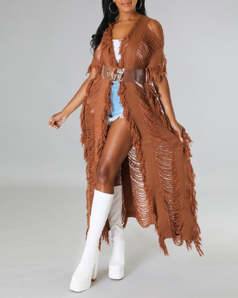 

Open Front Crochet Fringe Trim Longline Cardigan, Coffee