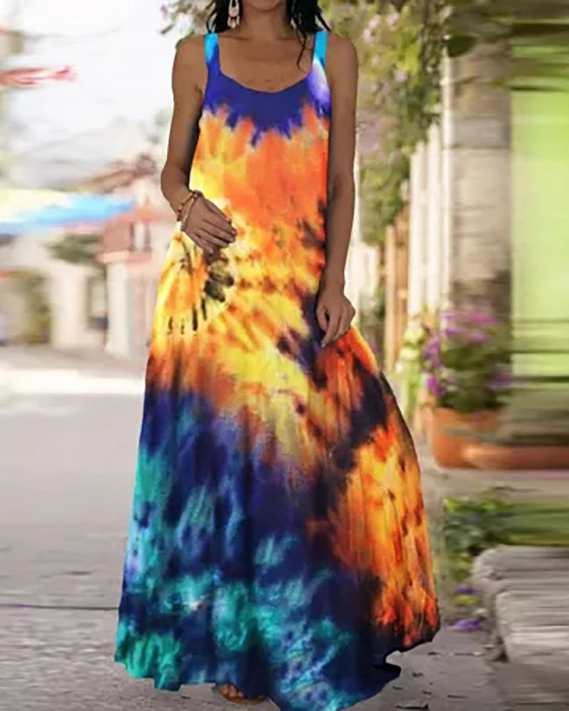 

Butterfly / Tie Dye Print U-Neck Maxi Dress, Yellow