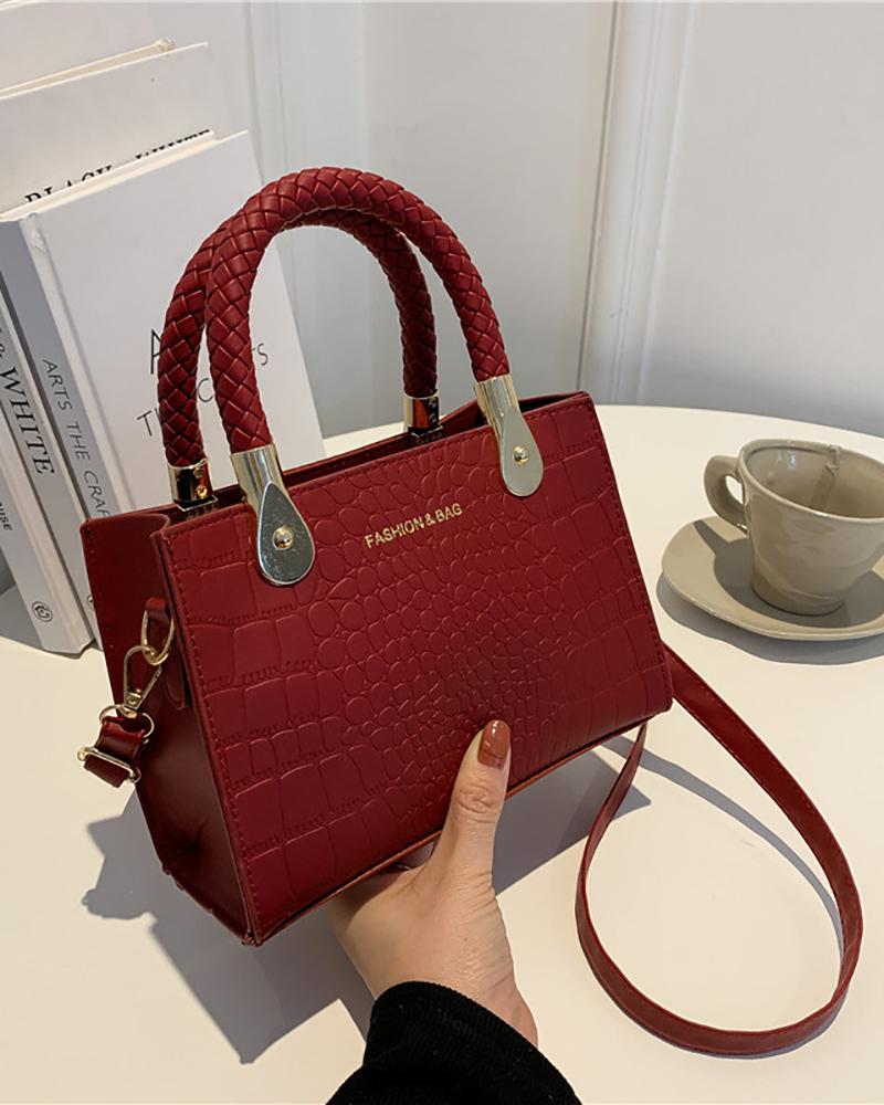 

Braided Strap Crocodile Square Crossbody Bag, Red