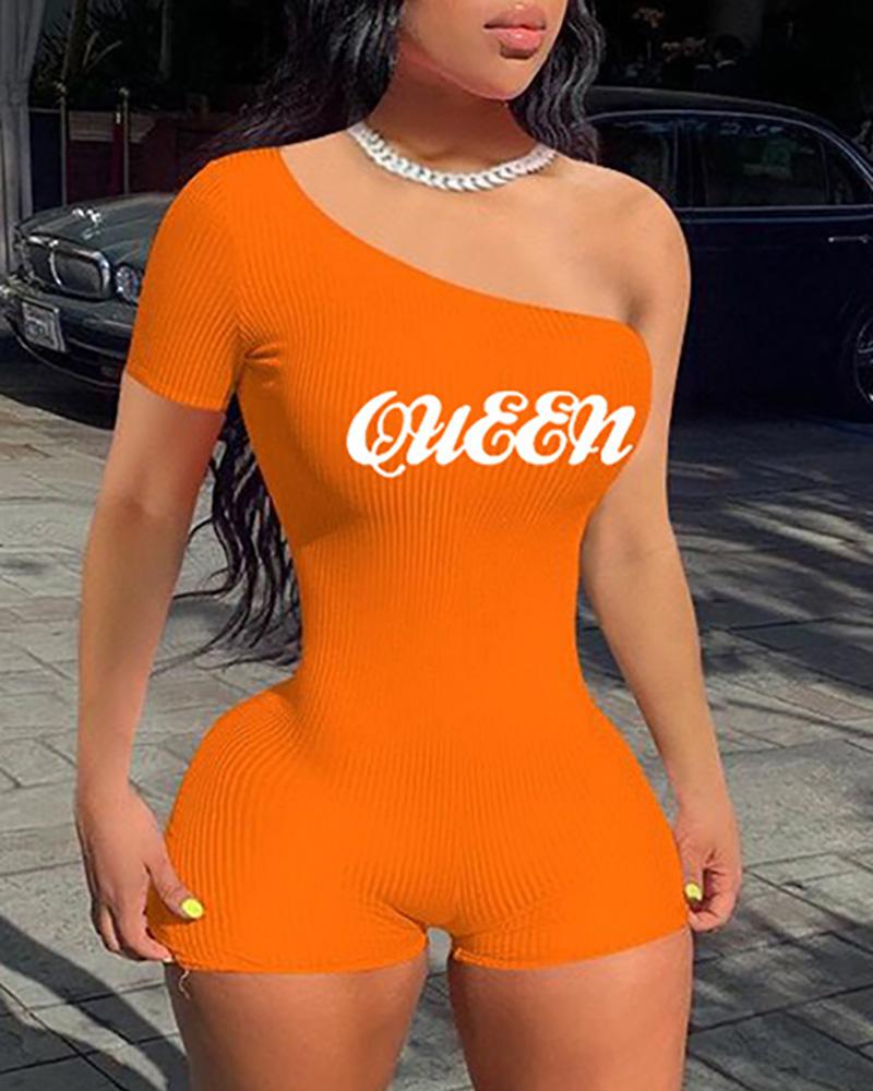 

One Shoulder Letter Print Romper, Orange