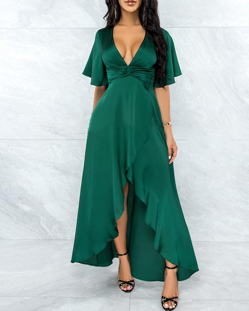 

Half Sleeve Twisted Ruffles Satin Maxi Dress, Green