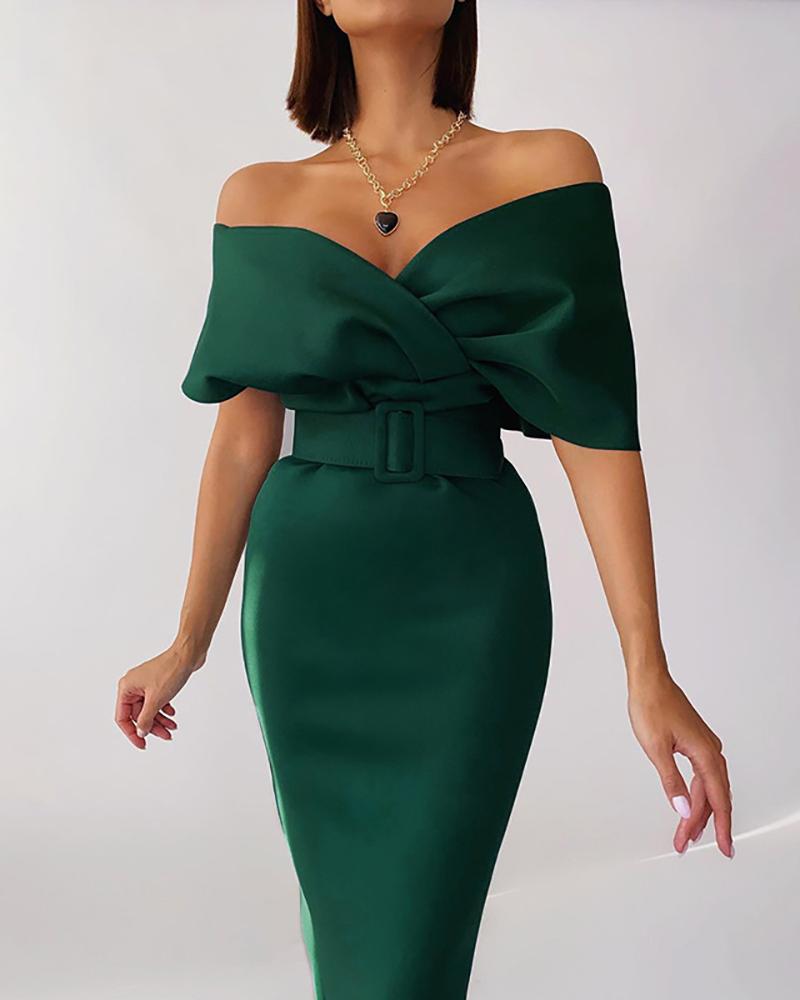 

Off Shoulder Flutter Sleeve Work Dress With Belt, Green