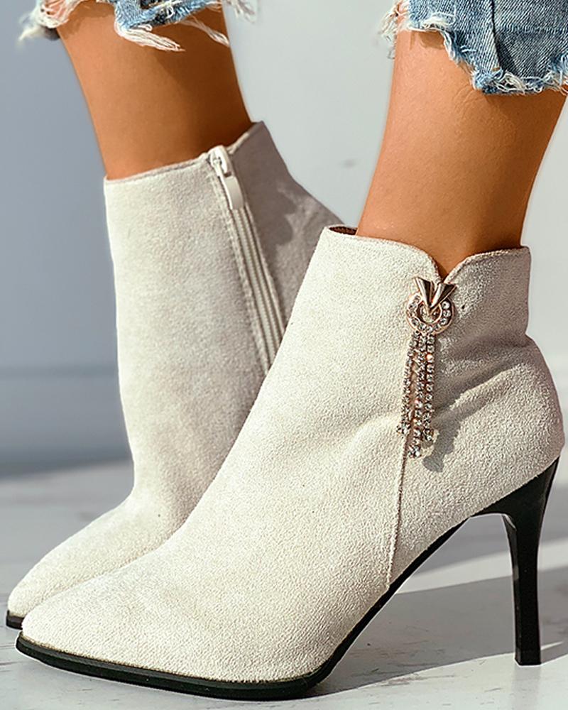 

Tassel Design Studded Stiletto Heel Boots, Beige