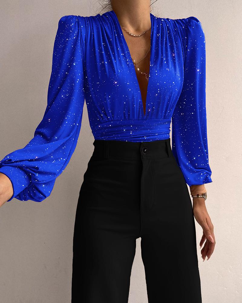 

Glitter Ruched Puff Lantern Sleeve Blouse, Blue