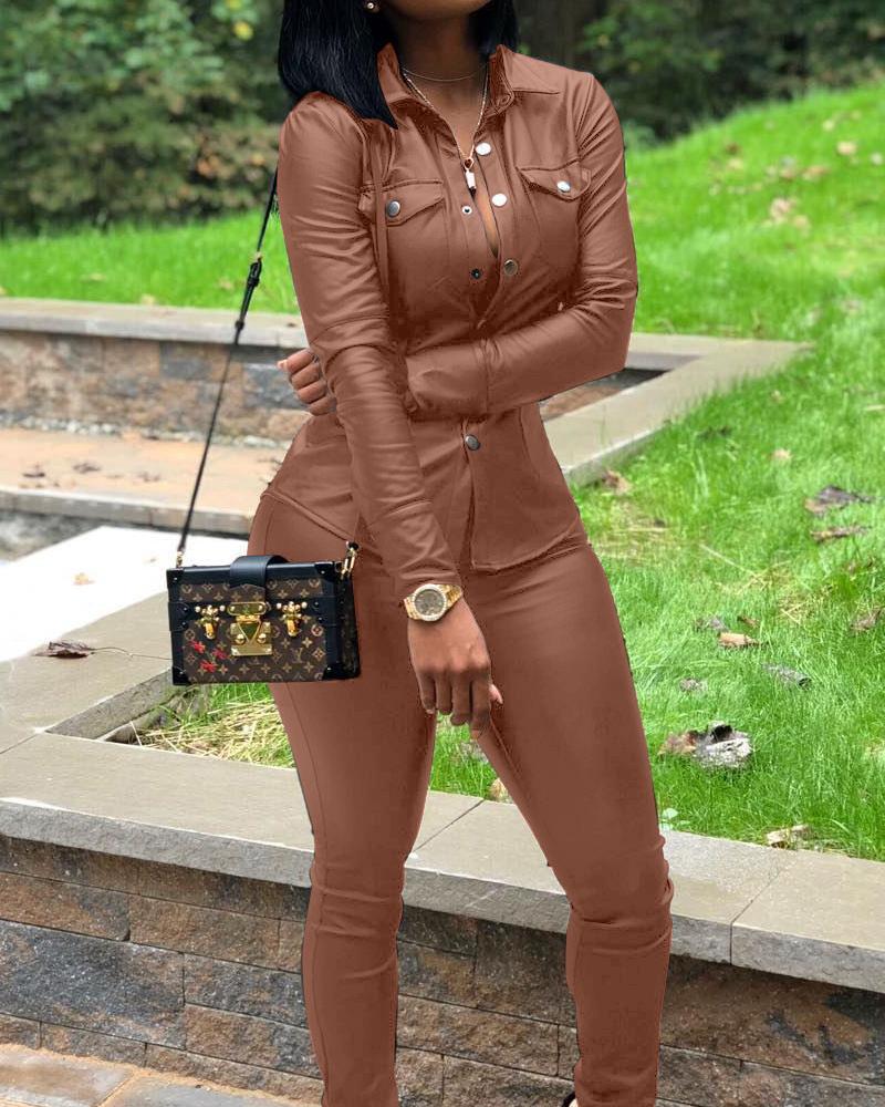 

PU Leather Pocket Design Long Sleeve Top & Skinny Pants Set, Coffee