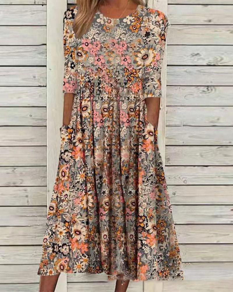 

Floral Print Pocket Detail Casual Dress, Khaki