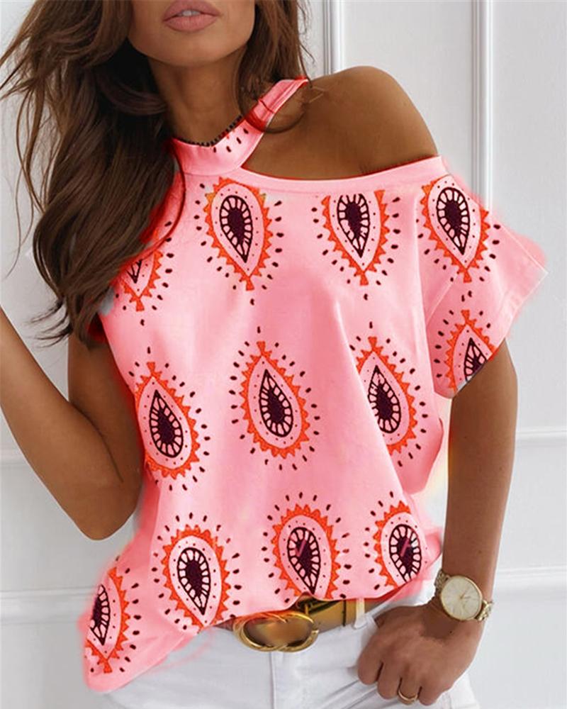 

Paisley Print Cold Shoulder Casual T-shirt, Pink