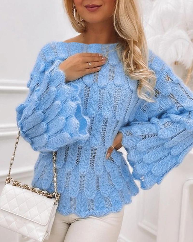 

Boat Neck Bell Sleeve Knit Sweater, Blue