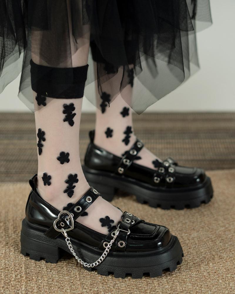 

Square-toe Lacquered Leather Splicing Buckle Platform Shoes, Black