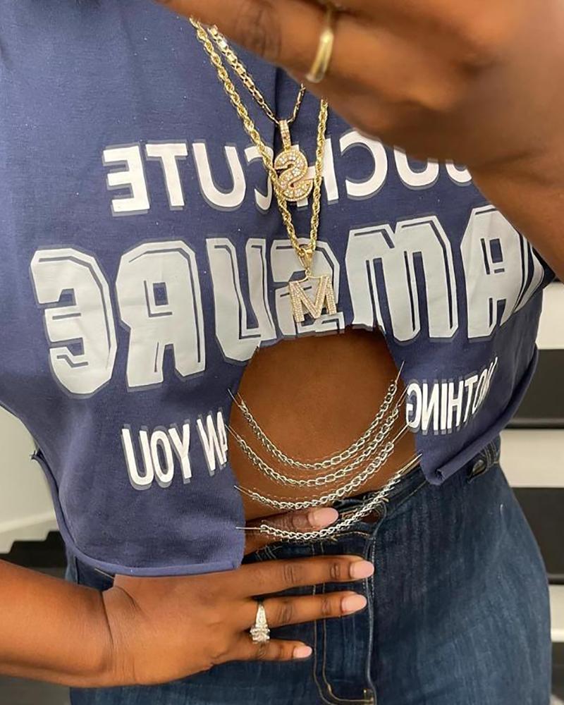 

Letter Print Chain Decor Cutout Crop T-Shirt, Blue