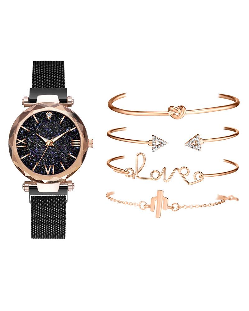 

Glitter Stainless Steel Band Pointer Quartz Watch & Bracelet Set, Black
