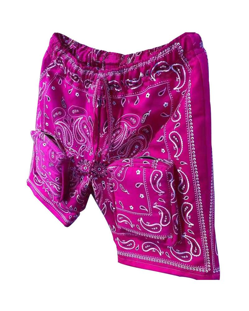 

Paisley Print Loose Drawstring Shorts, Hot pink