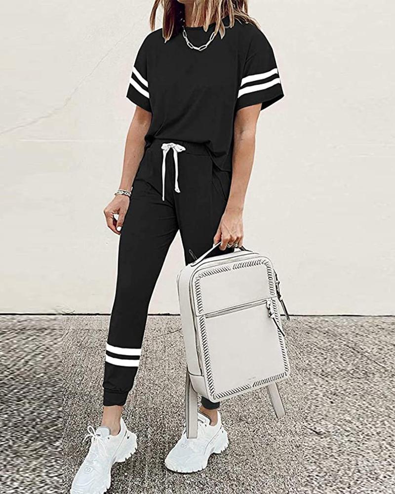 

Striped Print Short Sleeve Women Top & Drawstring Pants Set, Black