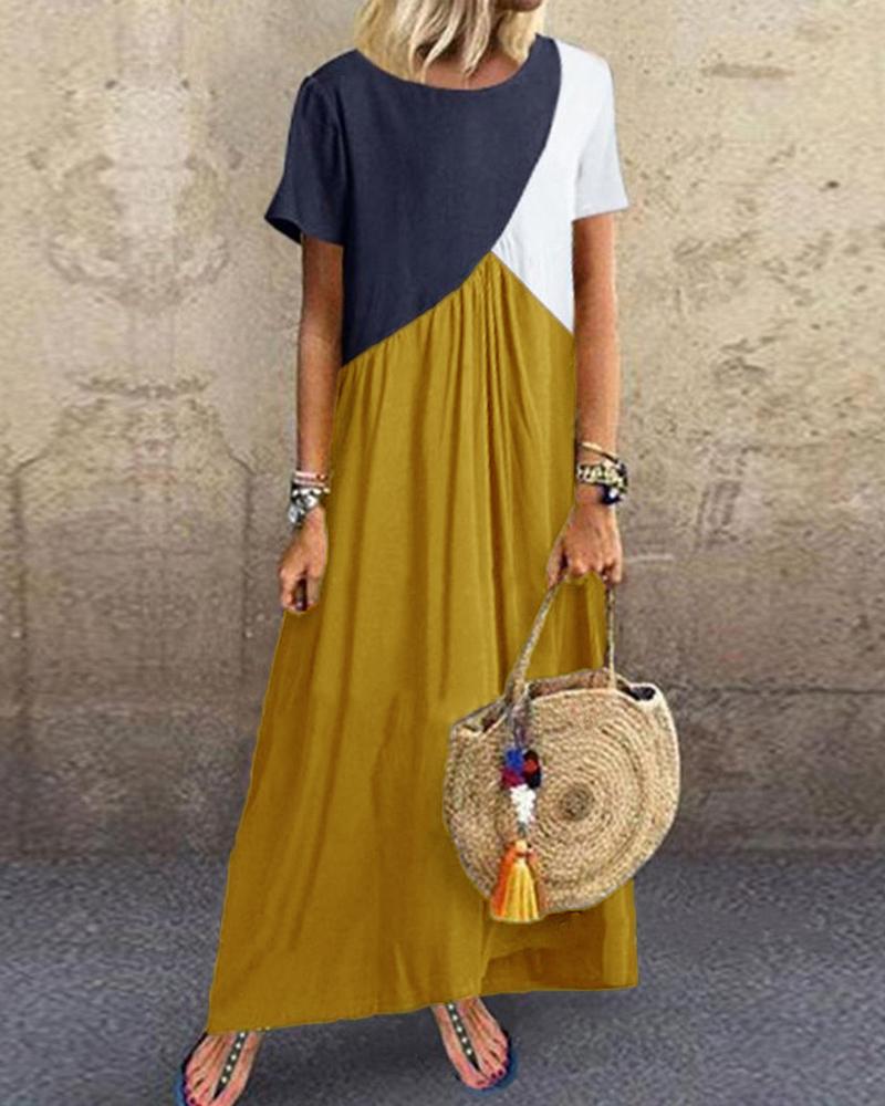 

Colorblock Patchwork Short Sleeve Maxi Dress, Yellow