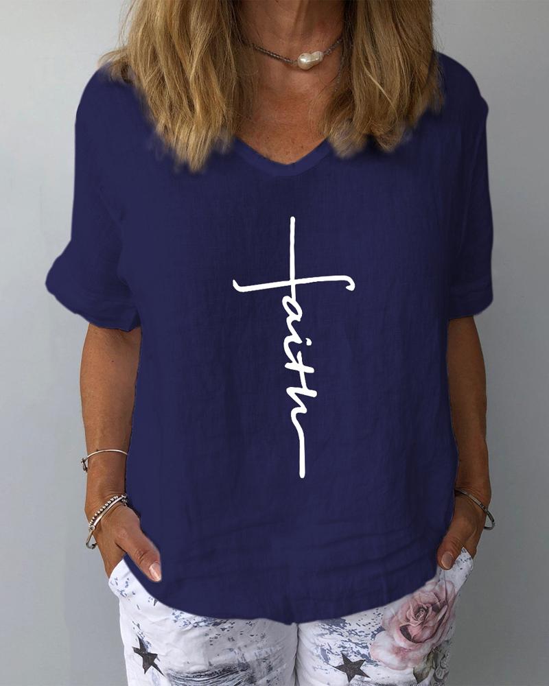 

Letter Print Short Sleeve Casual T-shirt, Purplish blue