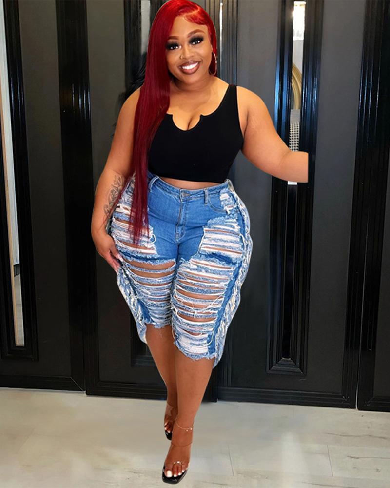 

Plus Size Fringe Ripped Single Button Decor Jeans, Blue