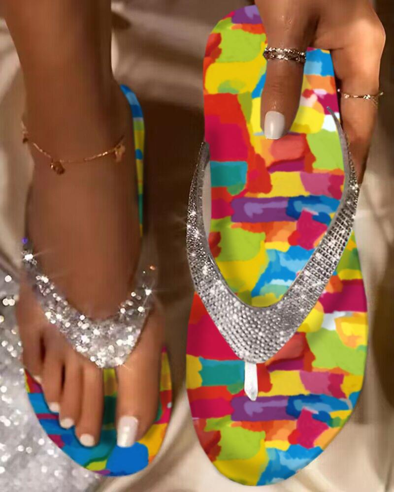 

Multi Colors All Over Print Rhinestone Strap Flip Flops, Multicolor