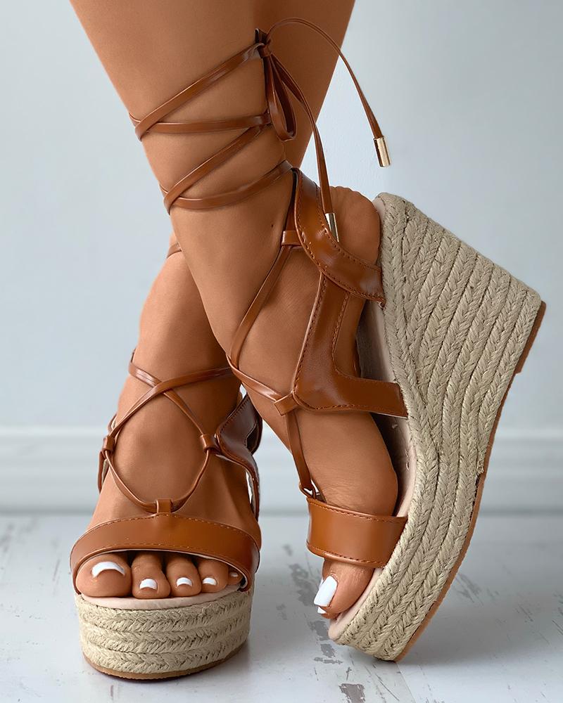 

Peep Toe Cutout Strappy Espadrille Sandals, Brown