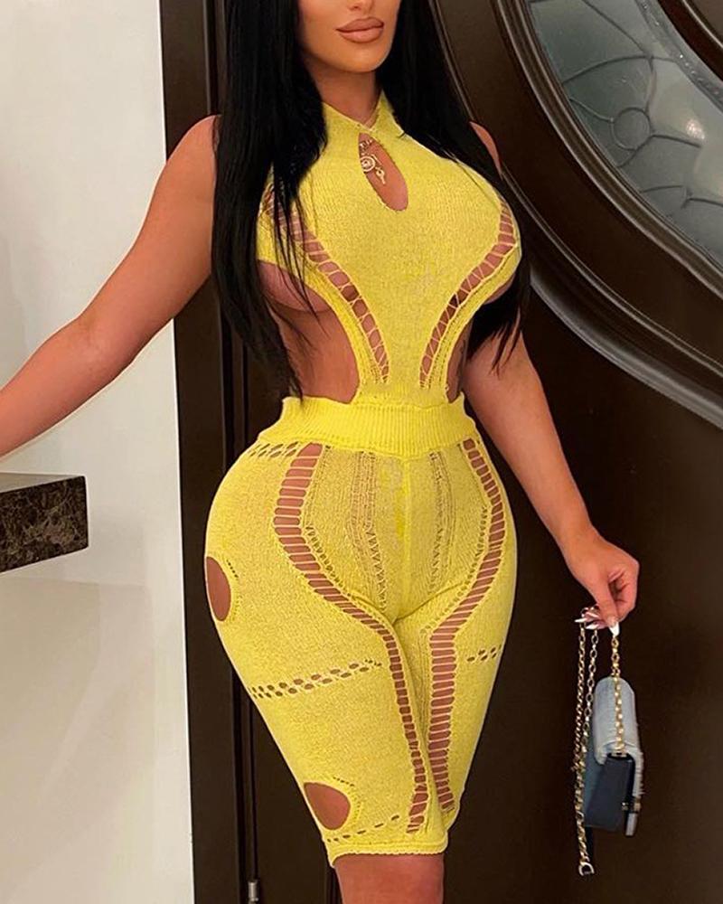 

Hollow Out Halter Backless Crochet Romper, Yellow