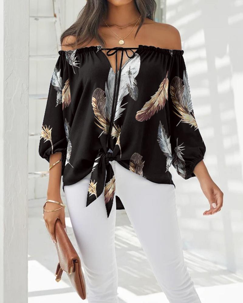 

Feather Print Tied Detail Off Shoulder Top, Black