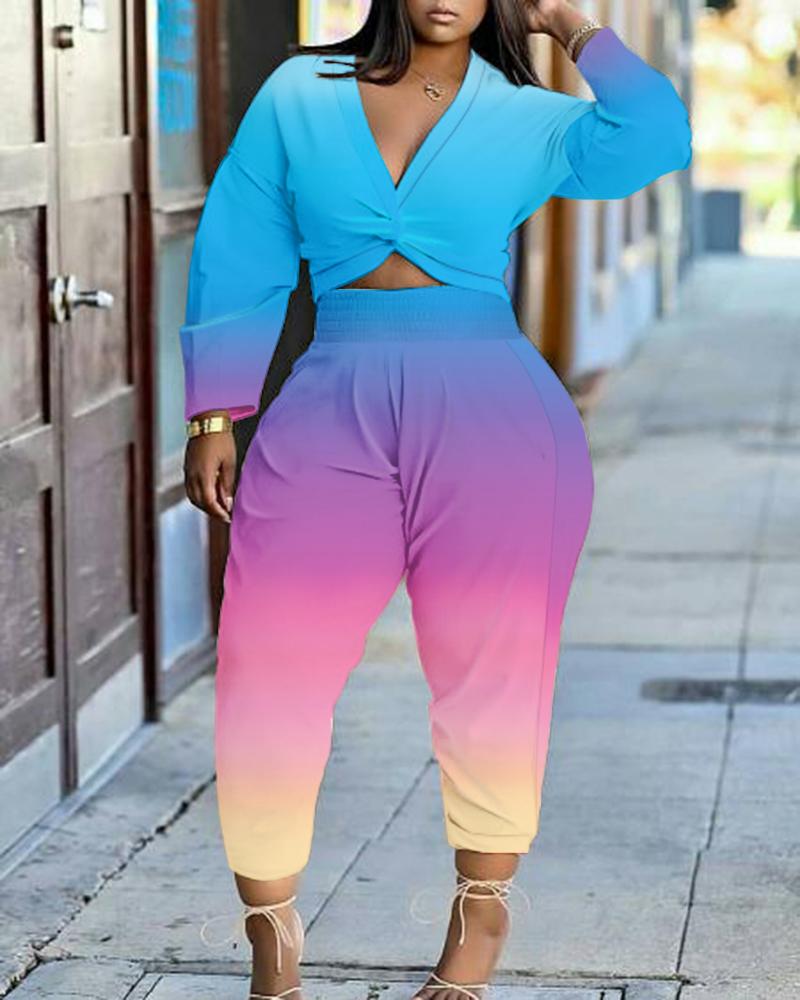 

Ombre Print Twisted Crop Top & High Waist Pants Set, Multicolor