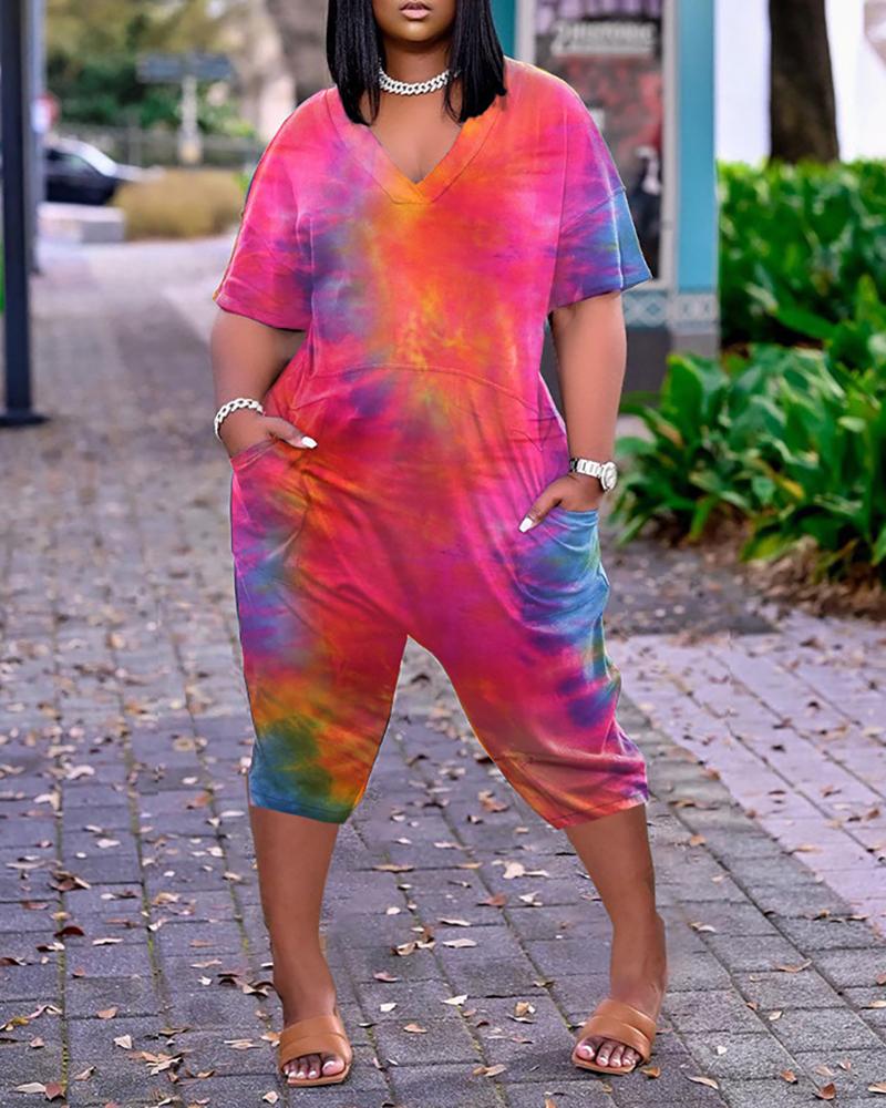 

Pocket Design Half Sleeve Tie Dye Print Casual Romper, Hot pink