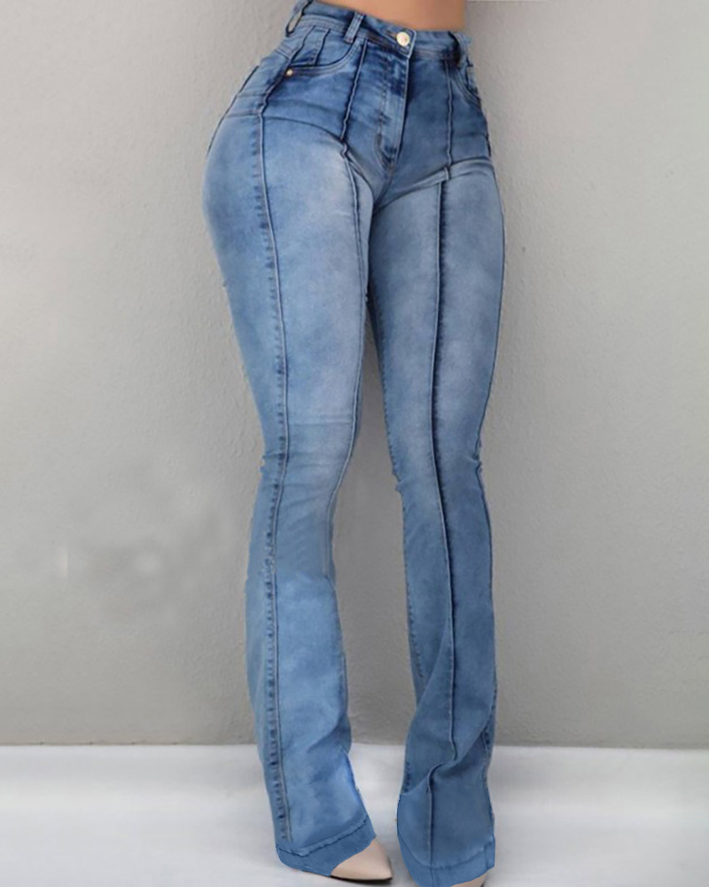 

Solid High Waist Bell-Bottom Jeans, Blue