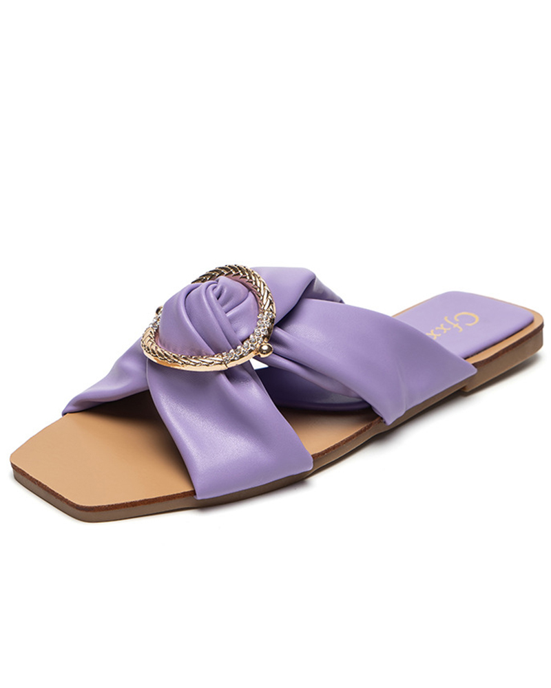 

Square Toe Casual Cross Strap Flat Slippers, Purple