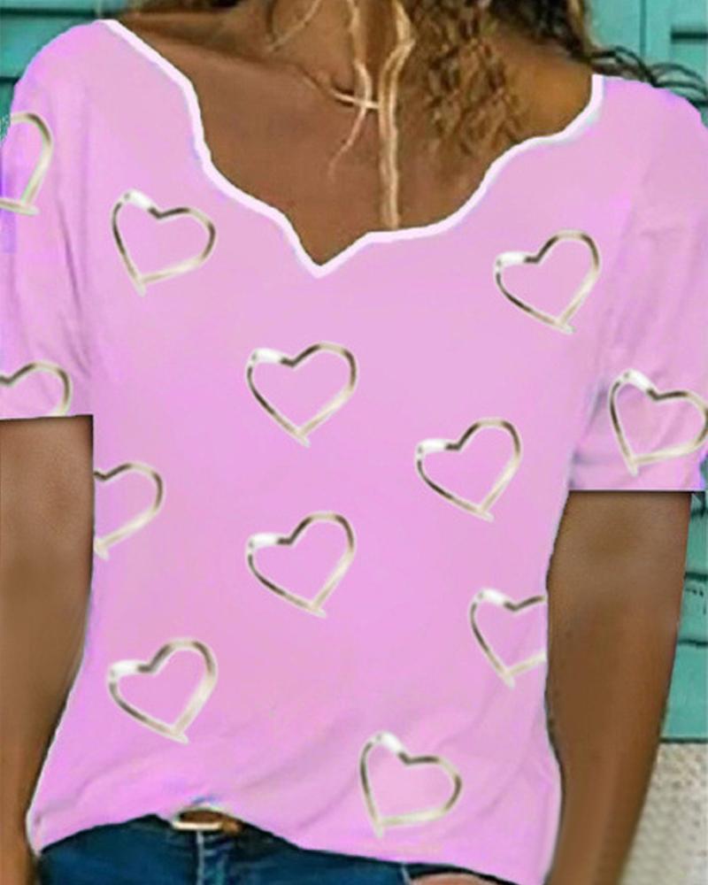 

Valentine's Day Heart Print Casual T-shirt, Pink