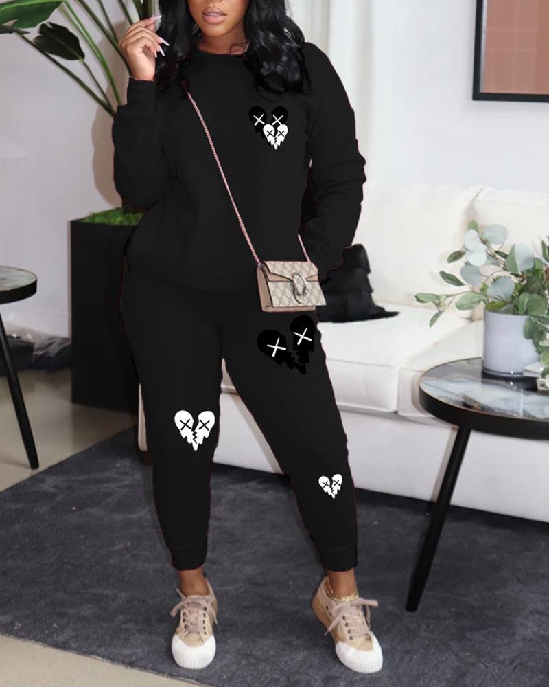 

Heart Print Long Sleeve Casual Top & Pants Set, Black