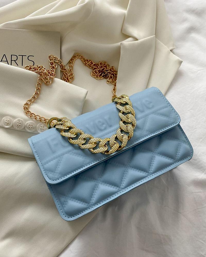 

Chain Decor Quilted Letter Pattern Shoulder Bag, Blue