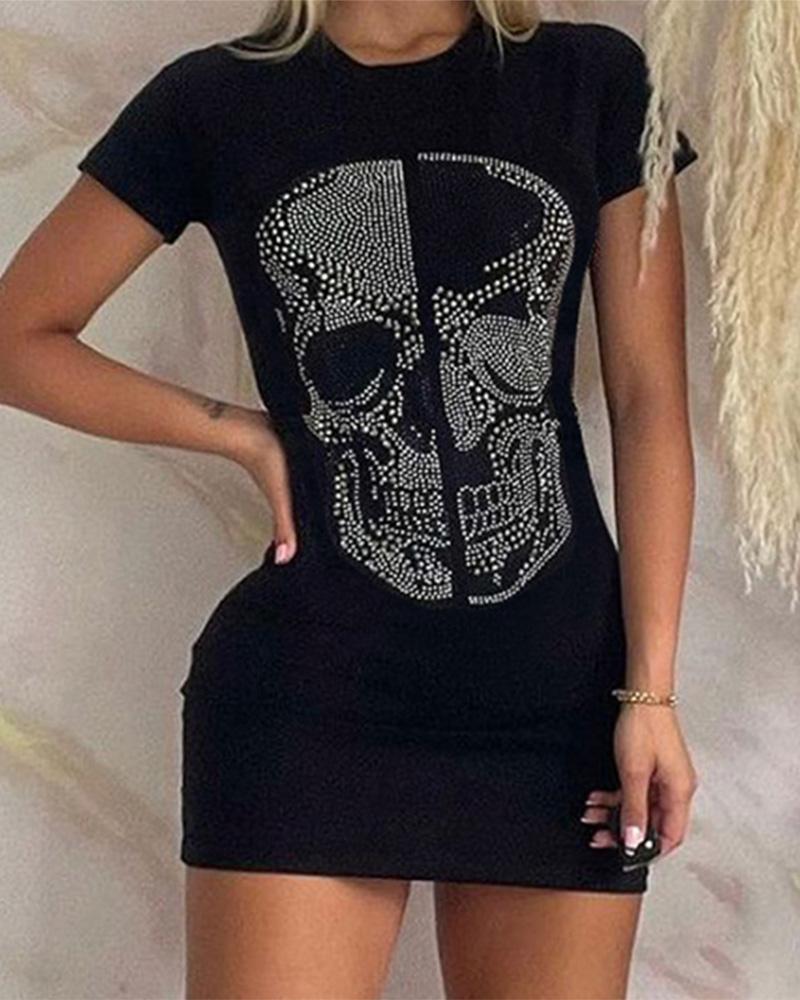 

Skull Pattern Studded Short Sleeve T-Shirt Dress, Black