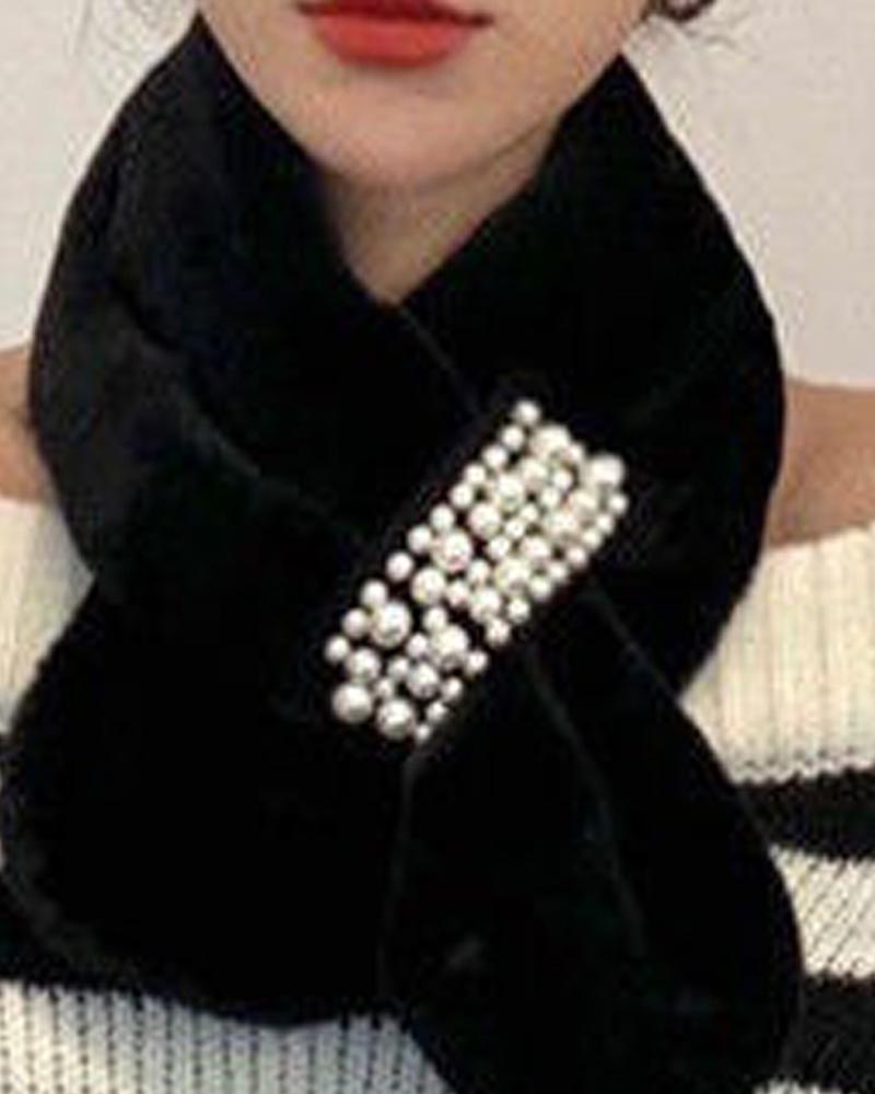 

1pc Pearls Decor Fuzzy Scarf, Black