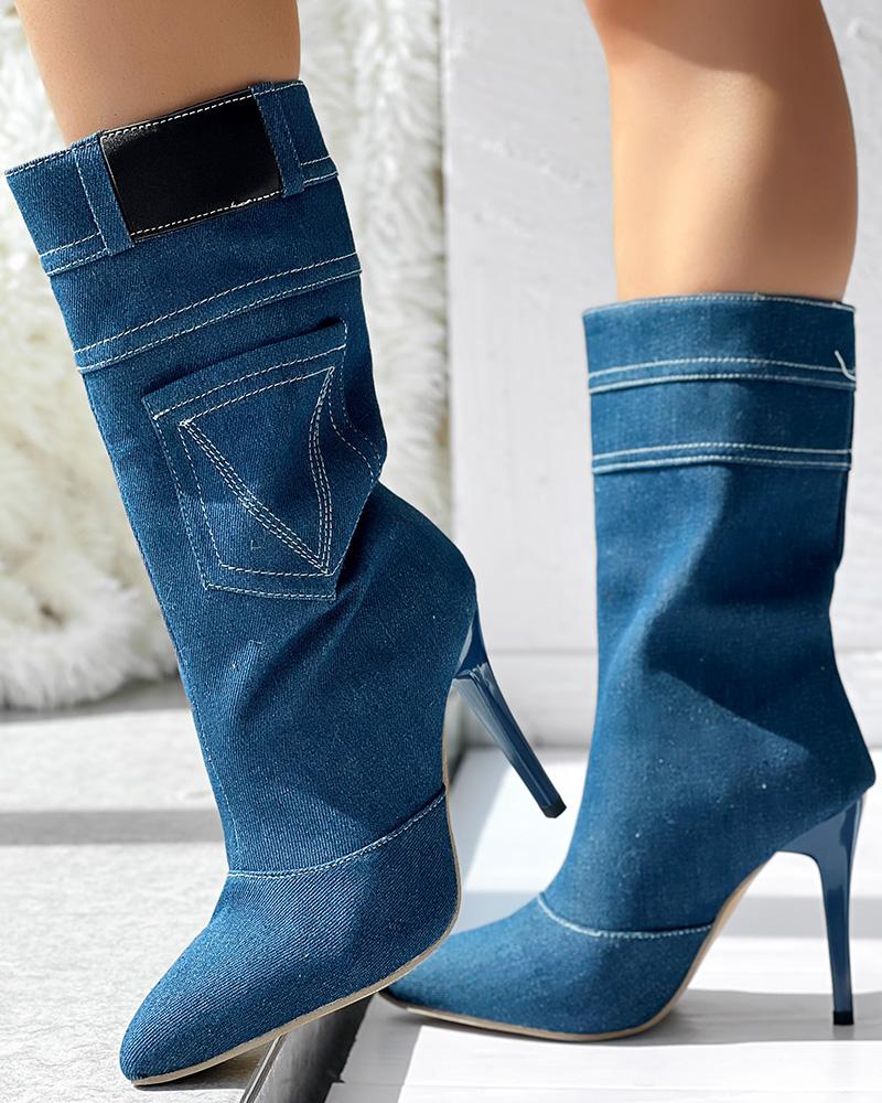 

Stiletto Heel Point Toe Denim Ankle Boots With Pocket, Blue