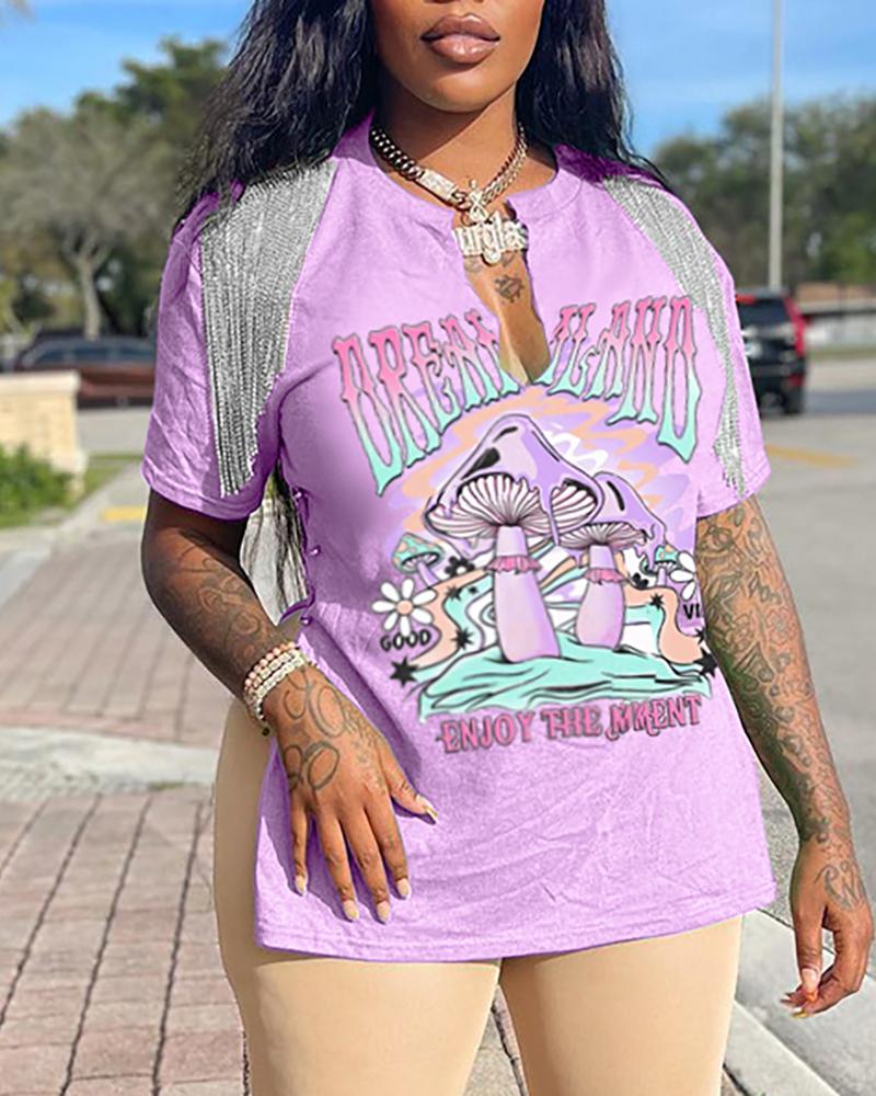 

Graphic Letter Print Slit T-shirt, Light pink