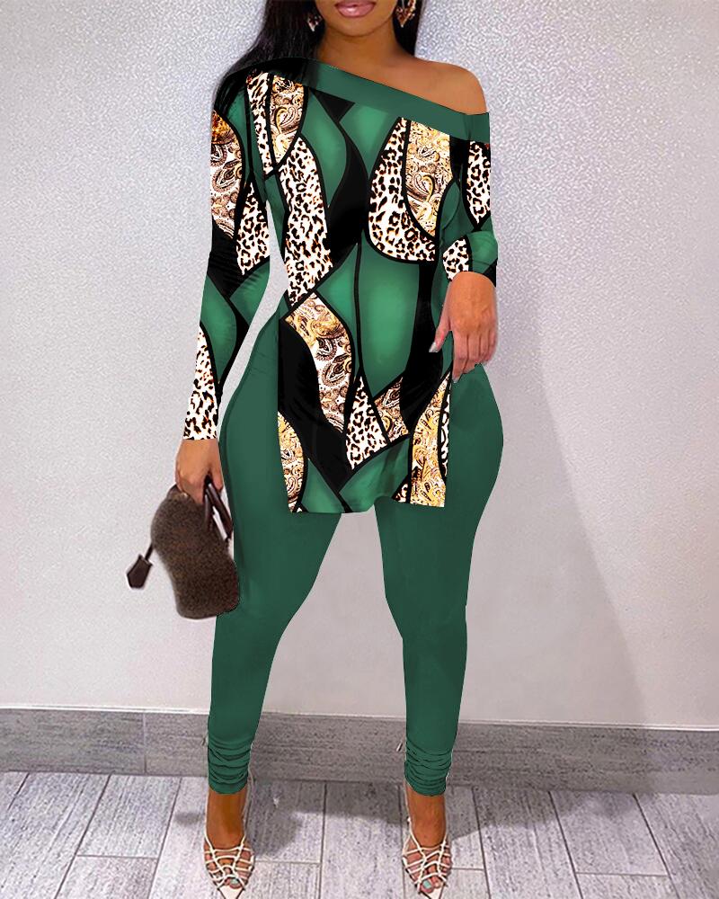 

Baroque Leopard Print Slit Top & Pants Set, Green