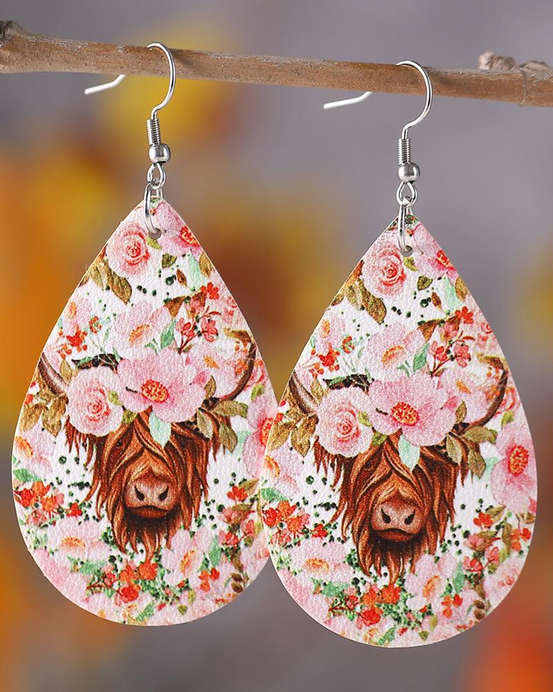 

1Pair Western Cowboy Style Highland Cow Floral Print Water Drop Hook Earrings, Pink