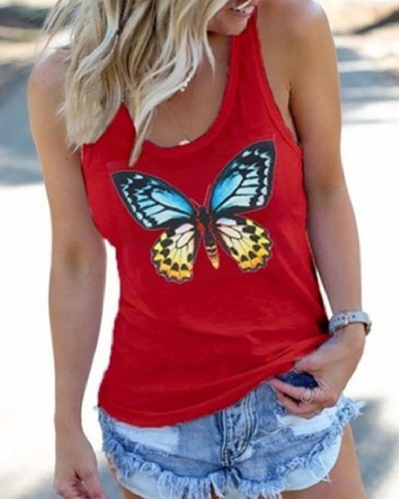 

Butterfly Print Sleeveless Casual Top, Red