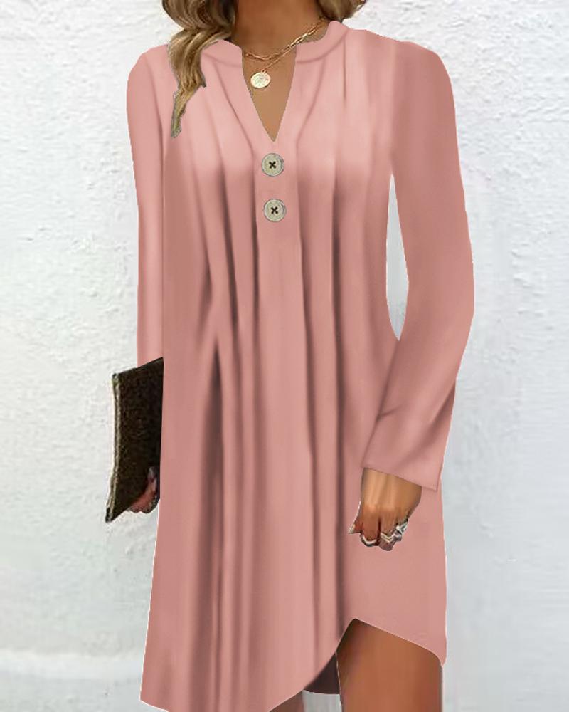 

Notch Neck Buttoned Lace Trim Ruched Casual Dress, Pink