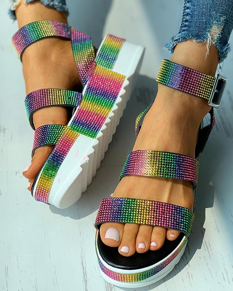 

Studded Colorblock Buckled Platform Sandals, Multicolor