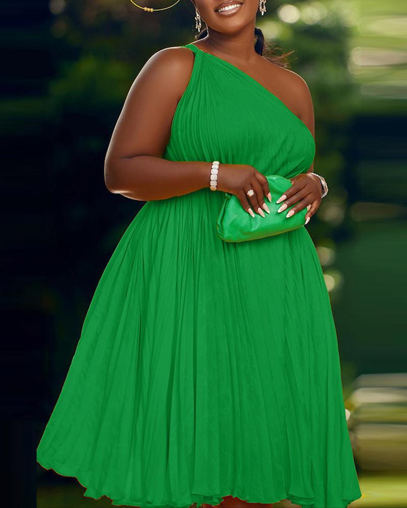 

One Shoulder Pleated Party Dress, Green