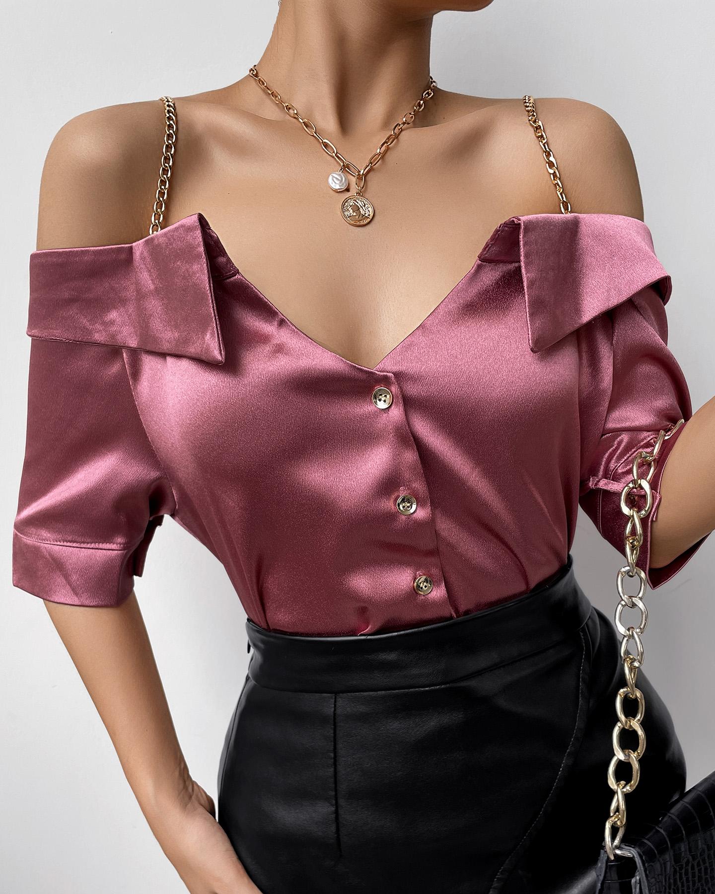 

Cold Shoulder Chain Strap Satin Buttoned Top, Red