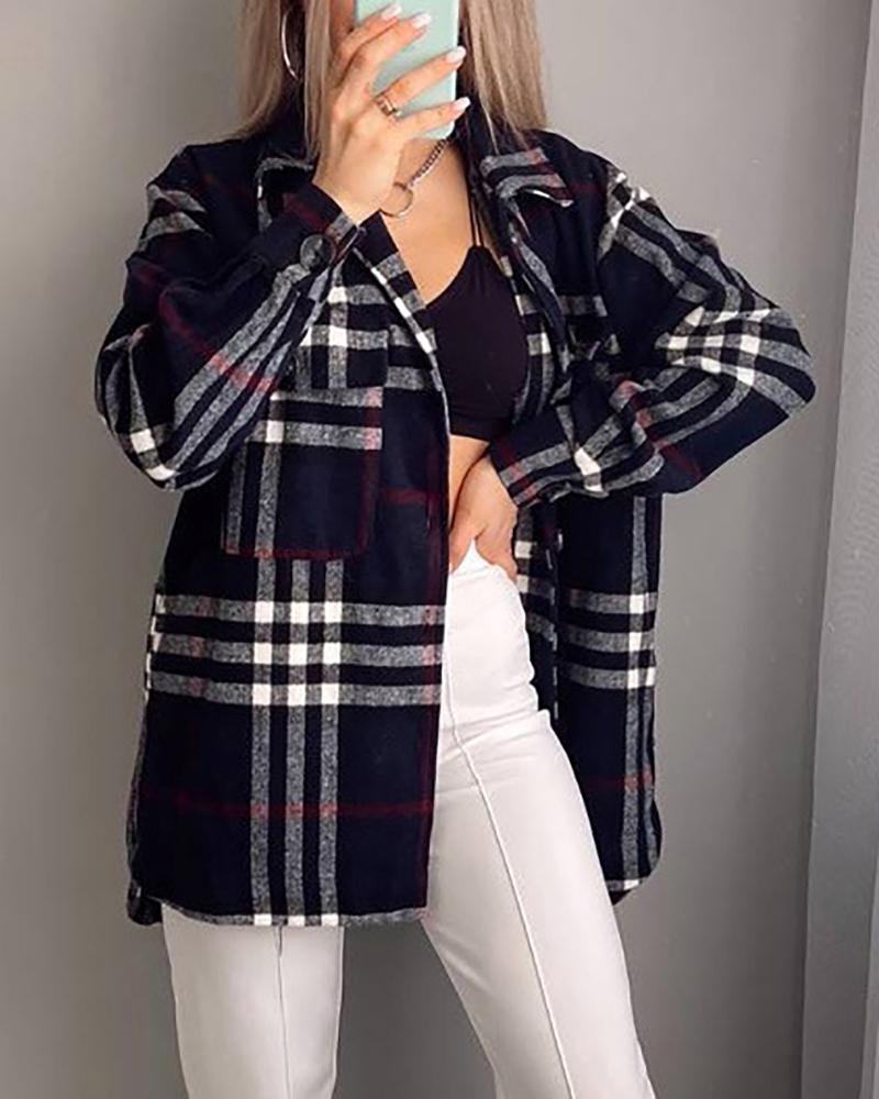 

Long Sleeve Plaid Print Pocket Button Design Shacket, Purplish blue