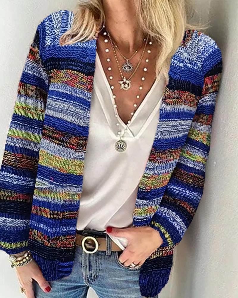 

Rainbow Stripe Pattern Open Front Knit Cardigan, Blue